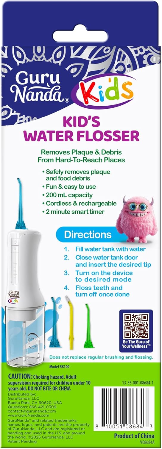 GuruNanda Kids Water Flosser with 4 Modes & Nozzles, 2-Min Smart Timer, Monster Frens Theme for Ages 6+