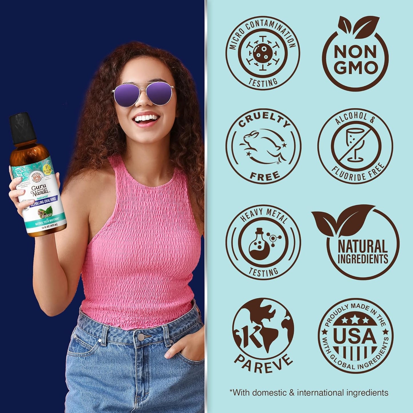 GuruNanda CocoMint Oil Pulling Mouthwash, Alcohol-Free, 7 Essential Oils & Vitamins for Fresh Breath, 16 oz