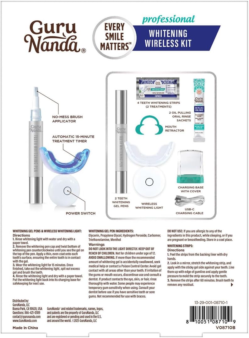 GuruNanda Wireless Teeth Whitening Kit with LED Light & Pen – Removes Coffee & Food Stains, 40 Treatments