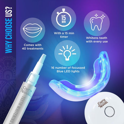 GuruNanda Wireless Teeth Whitening Kit with LED Light & Pen – Removes Coffee & Food Stains, 40 Treatments
