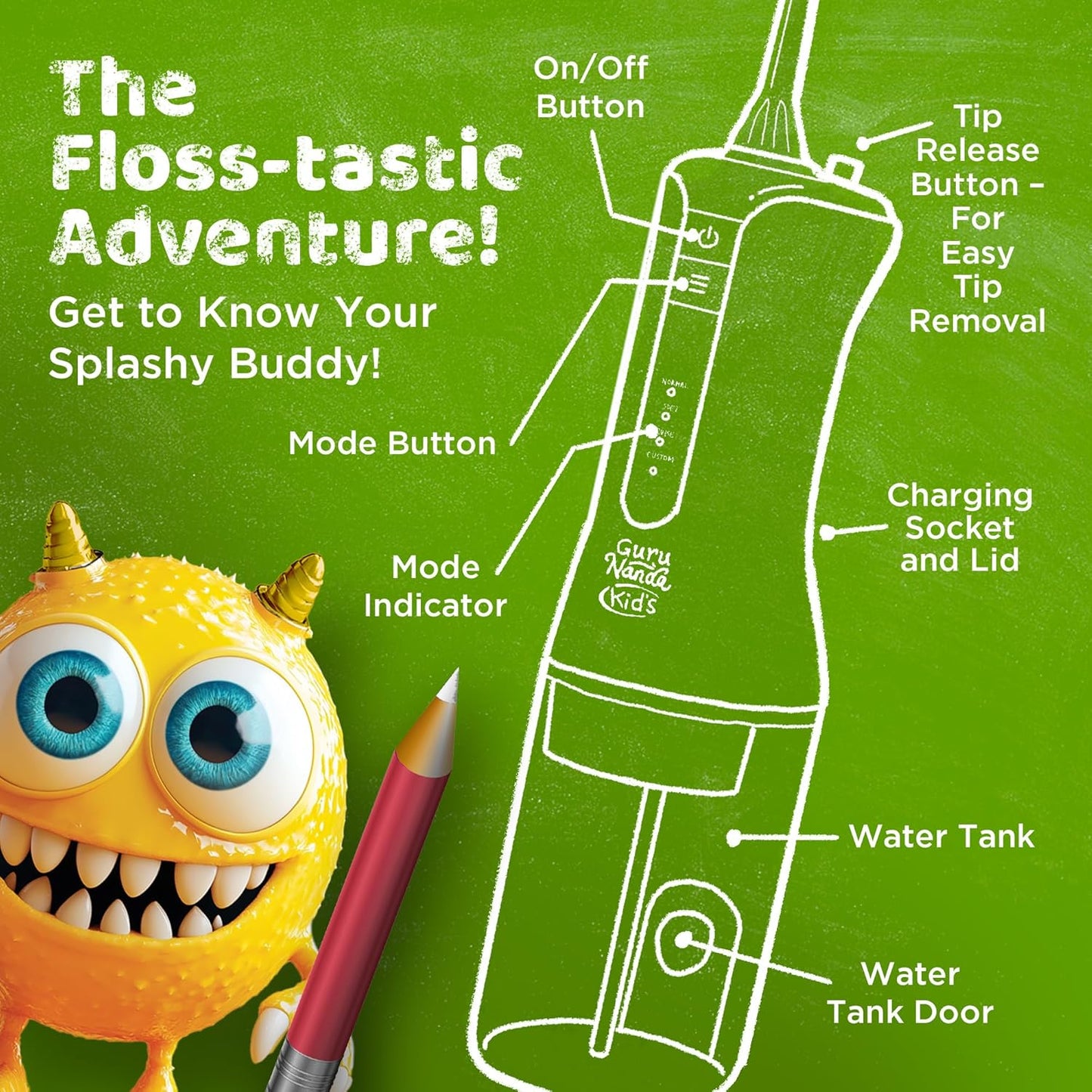 GuruNanda Kids Water Flosser with 4 Modes & Nozzles, 2-Min Smart Timer, Monster Frens Theme for Ages 6+