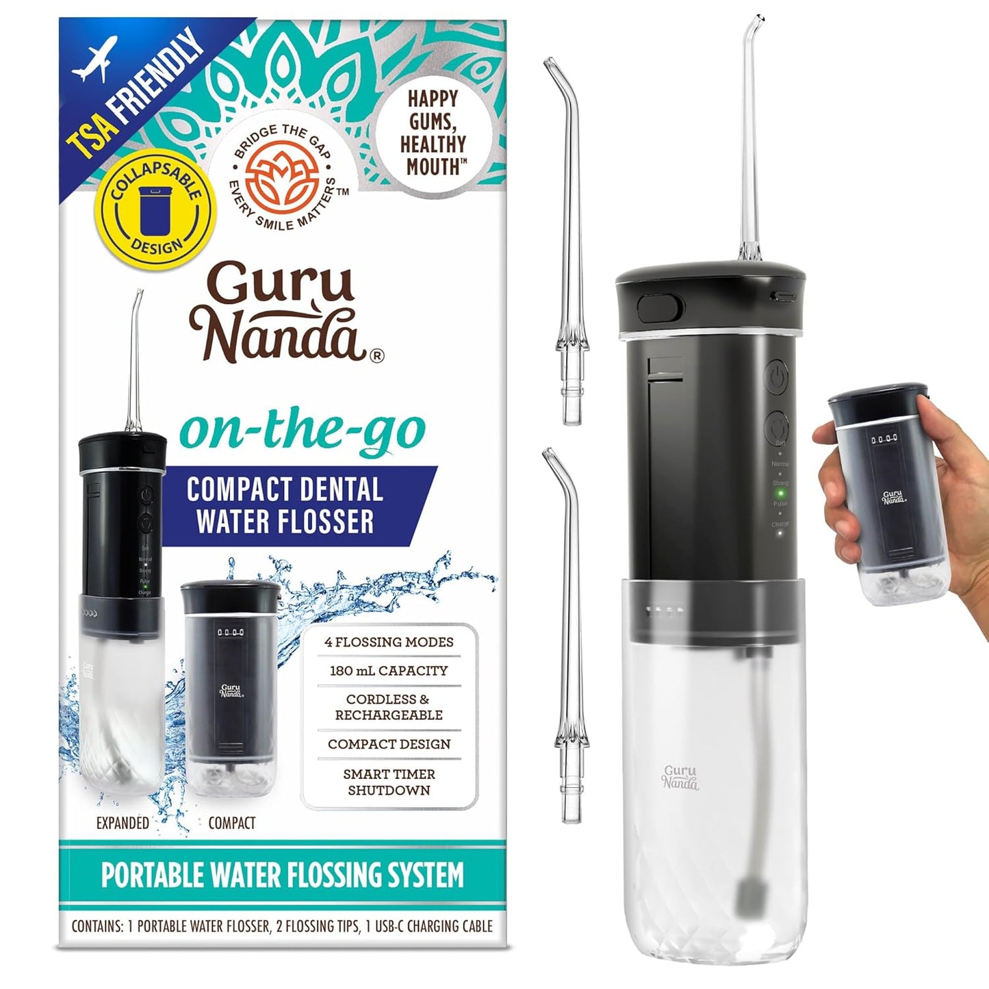 GuruNanda Portable Water Dental Flosser with Collapsible 180ml Tank, Smart Timer & 4 Modes – TSA-Approved