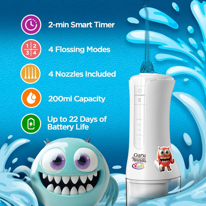 GuruNanda Kids Water Flosser with 4 Modes & Nozzles, 2-Min Smart Timer, Monster Frens Theme for Ages 6+