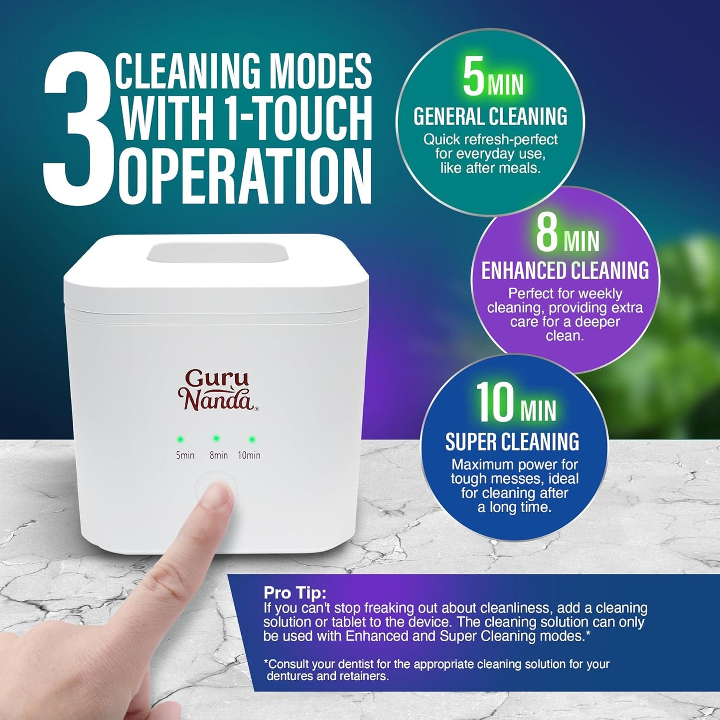 GuruNanda Ultrasonic Retainer Cleaner for Retainers, Dentures & Jewelry – 3 Cleaning Modes, 190ml