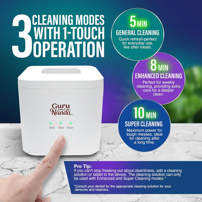 GuruNanda Ultrasonic Retainer Cleaner for Retainers, Dentures & Jewelry – 3 Cleaning Modes, 190ml