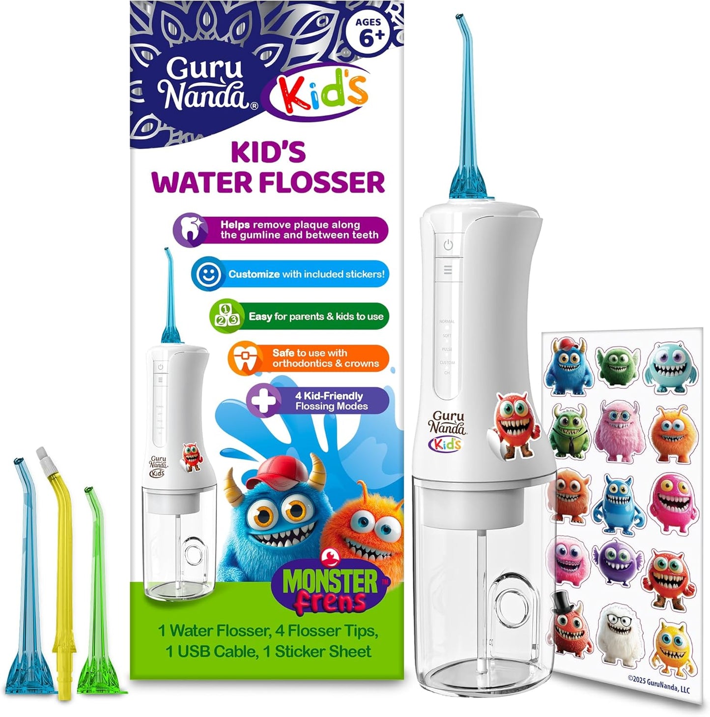 GuruNanda Kids Water Flosser with 4 Modes & Nozzles, 2-Min Smart Timer, Monster Frens Theme for Ages 6+