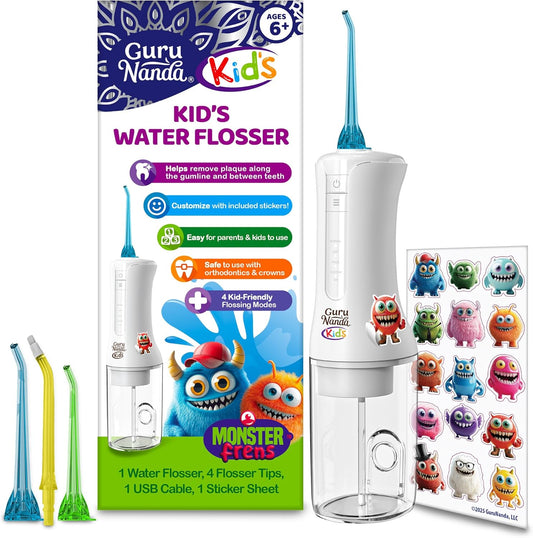 GuruNanda Kids Water Flosser with 4 Modes & Nozzles, 2-Min Smart Timer, Monster Frens Theme for Ages 6+
