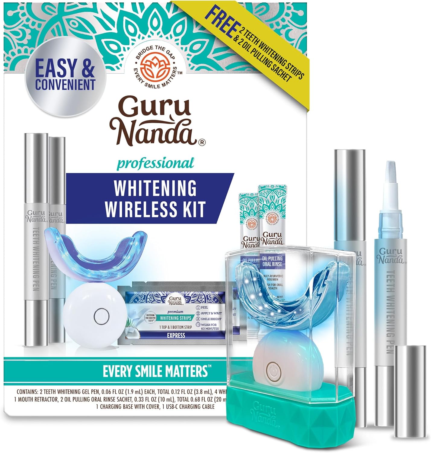 GuruNanda Wireless Teeth Whitening Kit with LED Light & Pen – Removes Coffee & Food Stains, 40 Treatments