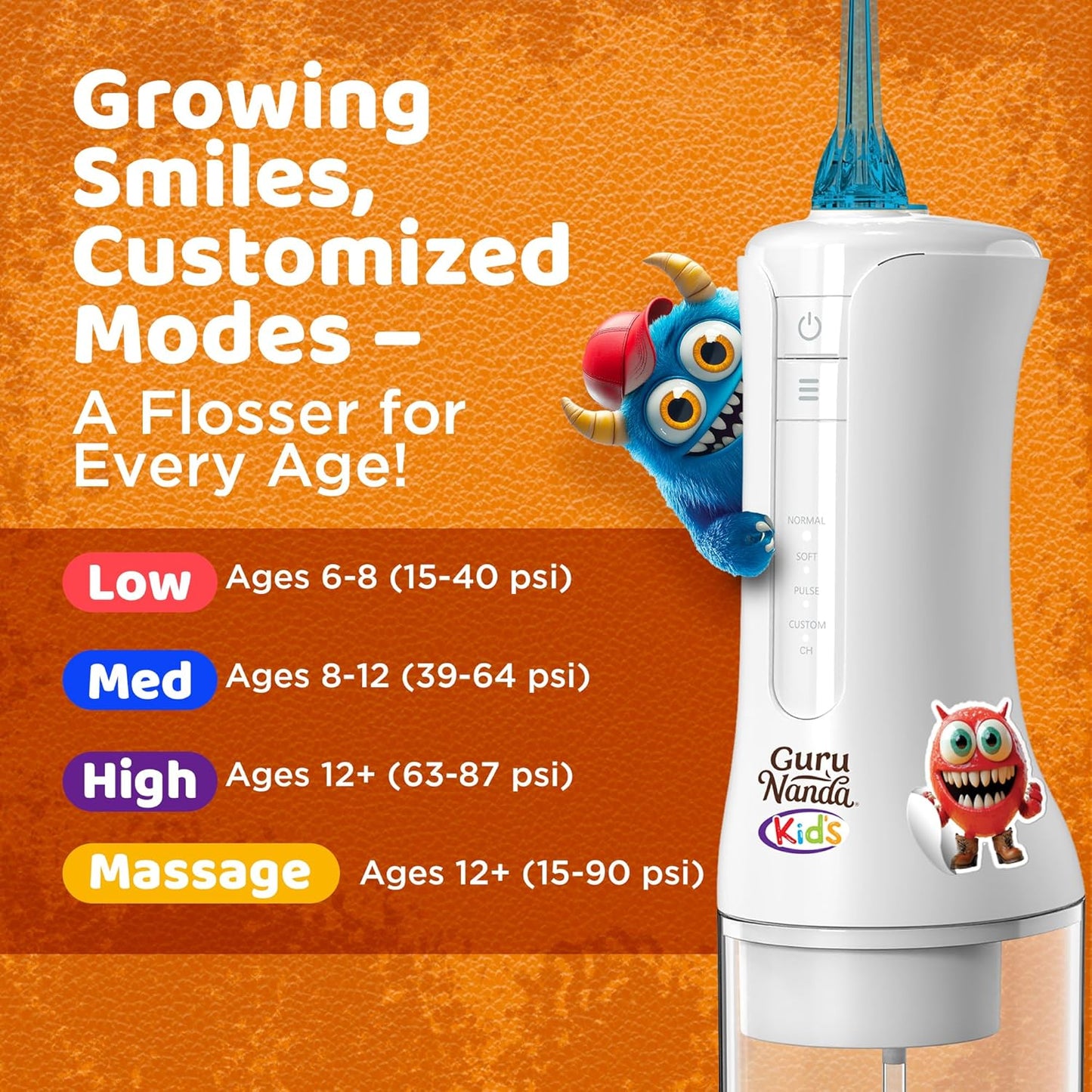 GuruNanda Kids Water Flosser with 4 Modes & Nozzles, 2-Min Smart Timer, Monster Frens Theme for Ages 6+