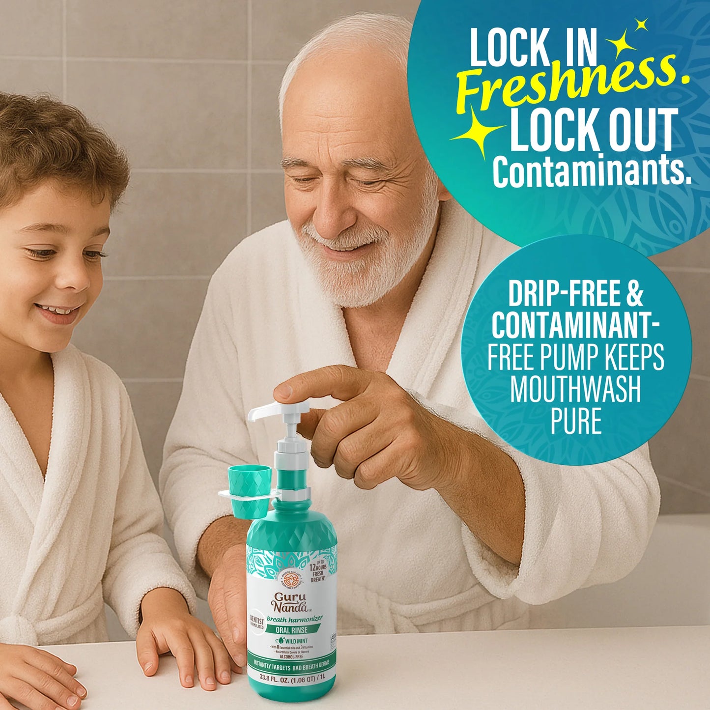 Mouthwash Dispenser Pump and Cup Holder for 16oz & 1L